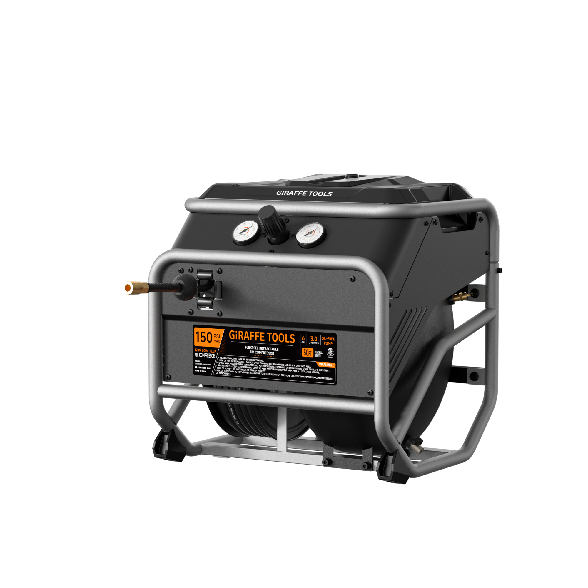 Giraffe Tools, FlexReel Retractable Air Compressor with ¼ in x 50 ft Hose